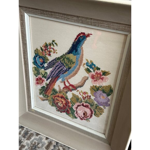 SOLD Antique T. Eaton Co. Pheasant Needlepoint Petit Point Framed Floral - Picture 4 of 8
